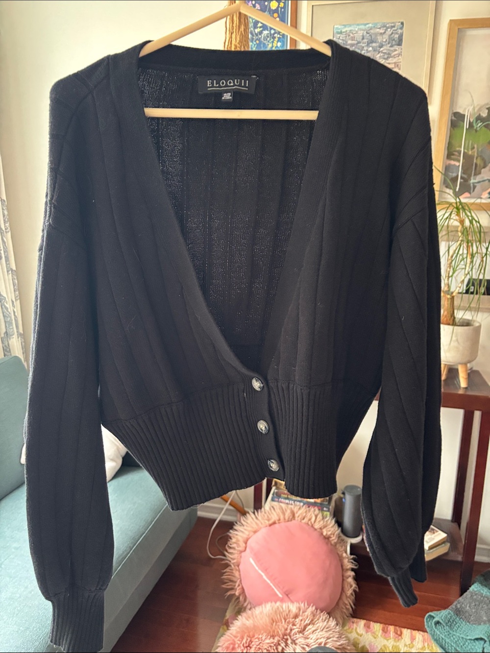 Eloquii Black V-Neck Ribbed Button Front Cardigan